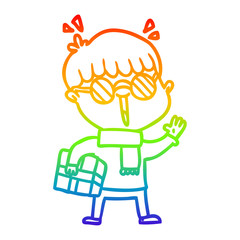 rainbow gradient line drawing cartoon boy with parcel waving