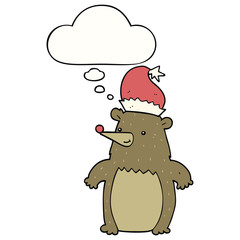 cartoon bear wearing christmas hat and thought bubble