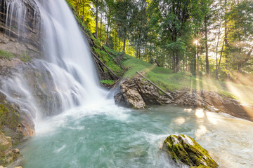 Panoramic beautiful and powerful waterfall in switerland