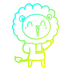 cold gradient line drawing laughing lion cartoon in winter clothes