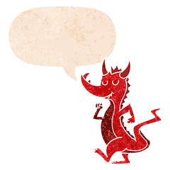 cartoon cute dragon and speech bubble in retro textured style