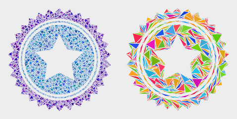 Star seal stamp collage icon of triangle elements which have different sizes and shapes and colors. Geometric abstract vector illustration of star seal stamp.