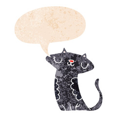cartoon cat and speech bubble in retro textured style