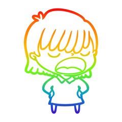 rainbow gradient line drawing cartoon woman talking loudly