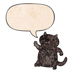 cartoon cat and speech bubble in retro texture style
