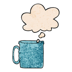 cartoon camping cup of coffee and thought bubble in grunge texture pattern style