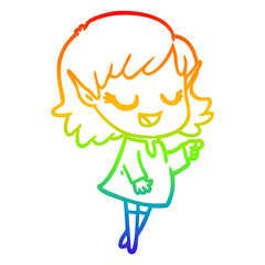 rainbow gradient line drawing happy cartoon elf girl pointing