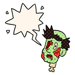 cartoon zombie head and speech bubble in comic book style