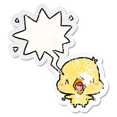 cartoon happy bird and speech bubble distressed sticker