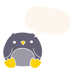 cartoon penguin and speech bubble in retro style