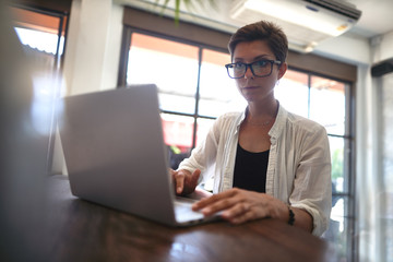 Girl working in a cafe. Freelance concept                   