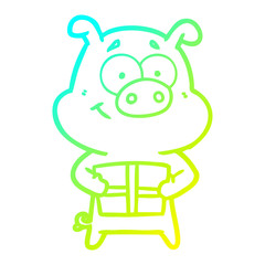 cold gradient line drawing happy cartoon pig holding christmas present