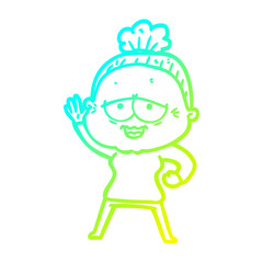 cold gradient line drawing cartoon happy old lady