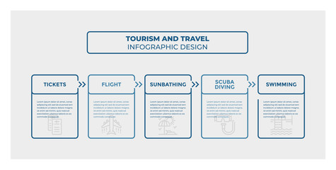 Tourism And Travel infographic design. Timeline with 5 steps, options, squares. Vector template