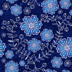 Seamless pattern with doodle gragonflies and blue flowers