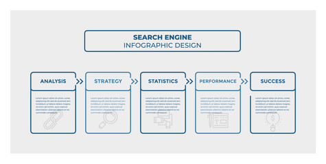 Search Engine infographic design. Timeline with 5 steps, options, squares. Vector template