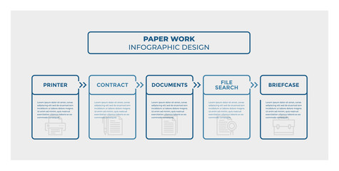 Paper Work infographic design. Timeline with 5 steps, options, squares. Vector template