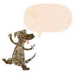 cartoon dancing dog and speech bubble in retro textured style