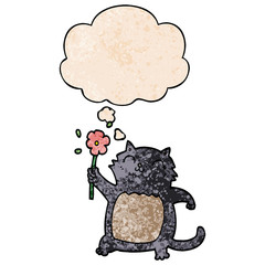 cartoon cat with flower and thought bubble in grunge texture pattern style