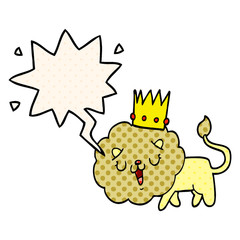cartoon lion and crown and speech bubble in comic book style