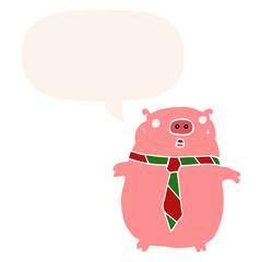 cartoon pig wearing office tie and speech bubble in retro style