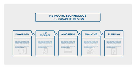 Obraz premium Network Technology infographic design. Timeline with 5 steps, options, squares. Vector template