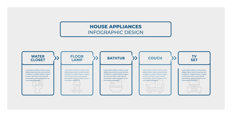 House Appliances infographic design. Timeline with 5 steps, options, squares. Vector template