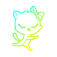 cold gradient line drawing cute cartoon cat with bow