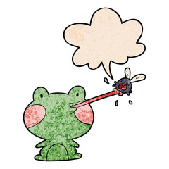 cute cartoon frog catching fly and tongue and speech bubble in retro texture style