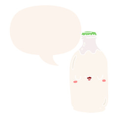 cute cartoon milk bottle and speech bubble in retro style