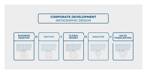 Corporate Development infographic design. Timeline with 5 steps, options, squares. Vector template