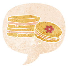 cartoon biscuit and speech bubble in retro textured style