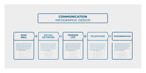Communication infographic design. Timeline with 5 steps, options, squares. Vector template