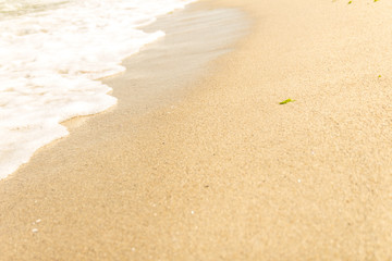 The sea waves are washing the sandy beach. Selective focus.