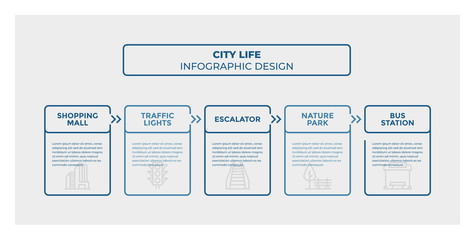 City Life infographic design. Timeline with 5 steps, options, squares. Vector template