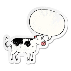 cartoon cow and speech bubble distressed sticker