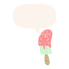 cartoon ice lolly and speech bubble in retro style