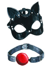 leather cat mask, gag with a red ball, bdsm set. watercolor illustration. games for adults