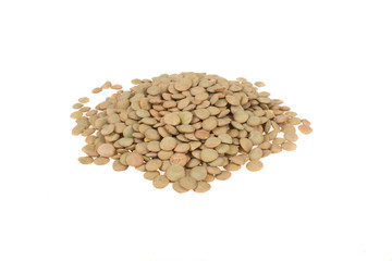 Pile lentil isolated on white background. Top view.
