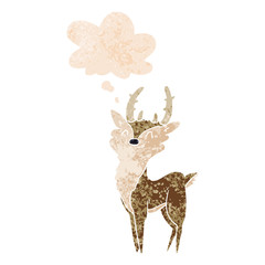 cartoon happy stag and thought bubble in retro textured style