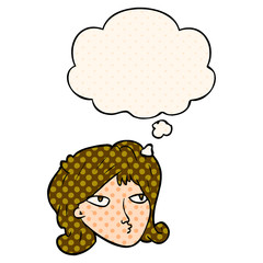 cartoon woman and thought bubble in comic book style