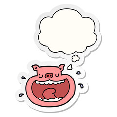 cartoon obnoxious pig and thought bubble as a printed sticker