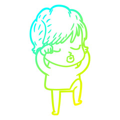 cold gradient line drawing cartoon woman with eyes shut