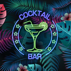 Neon sign cocktail bar on fluorescent tropic leaves background. Vintage electric signboard.