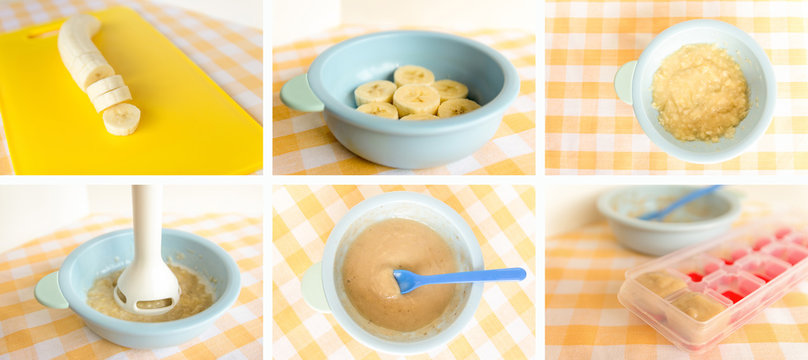 Bananas. Preparing baby food, homemade. Healthy food kids concept. Selective focus.