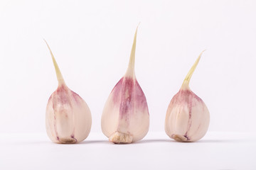 head of young garlic and cloves on a gray background