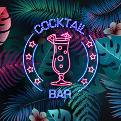 Neon sign cocktail bar on fluorescent tropic leaves background. Vintage electric signboard.