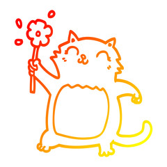 warm gradient line drawing cartoon cat with flower