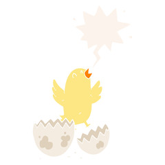 cartoon bird hatching from egg and speech bubble in retro style