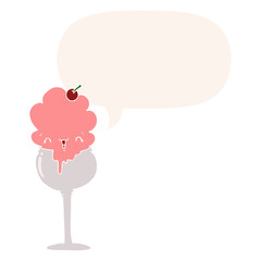 cute cartoon ice cream desert and speech bubble in retro style